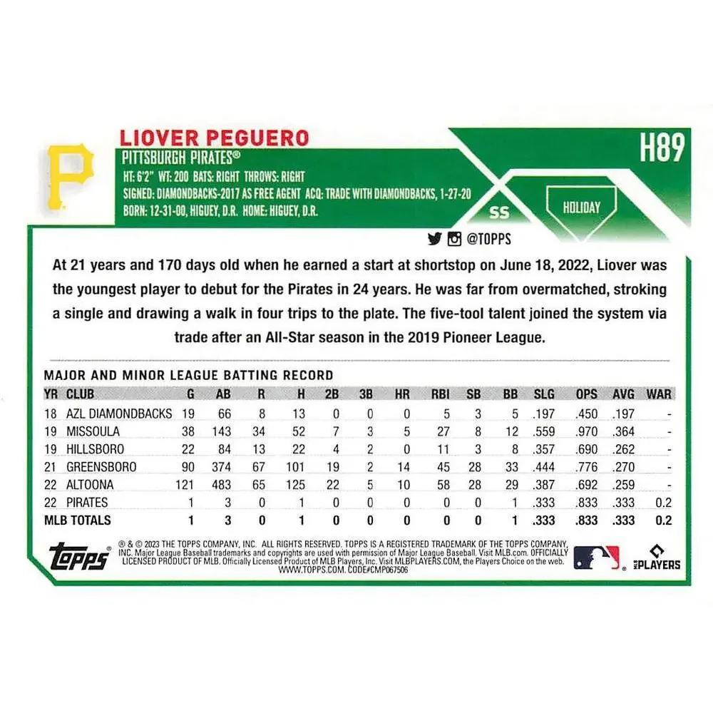 2023 Topps Holiday Liover Peguero RC H89 Pittsburgh Pirates